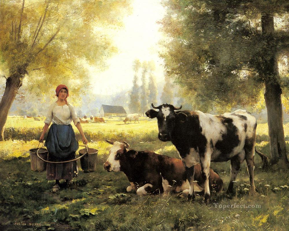 Melkerin mit ihrem Kühe an einem Sommertag Leben auf dem Bauernhof Realismus Julien Dupre Ölgemälde